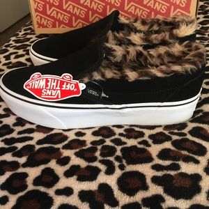Brand New Vans Platform Suede Slip-ons with Sherpa Leopard Lining